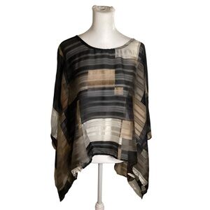 Mono B Sheer Black, Brown, Cream Geometric Print Bat Wing Blouse Size Small